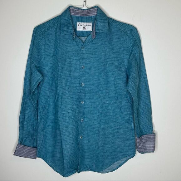Robert Graham Teal Patterned Long Sleeve Linen Blend Shirt in Size Small - Picture 7 of 8